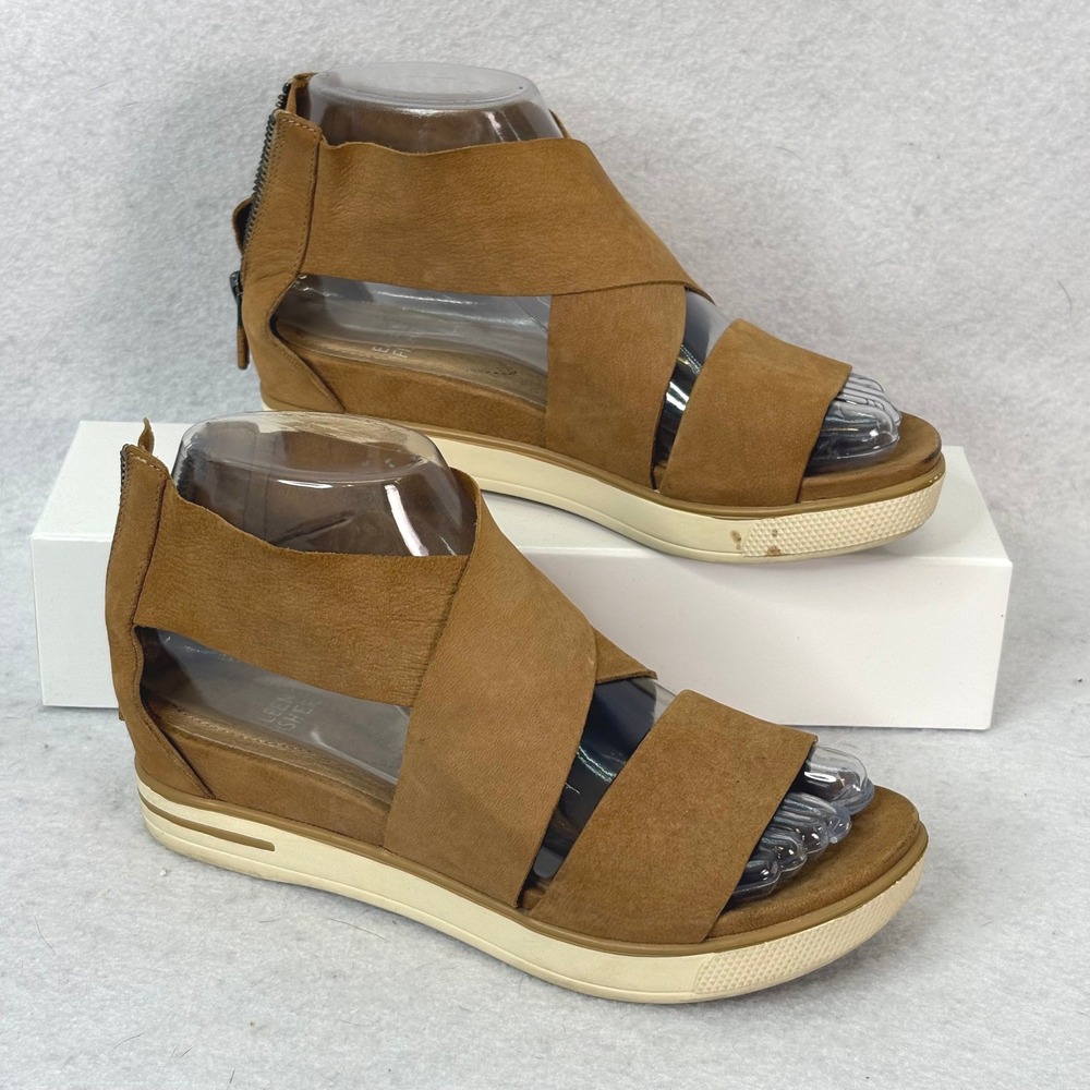 Eileen Fisher Brown Leather Cross Strap Platform Sandals Womens 5.5 Coastal Boho